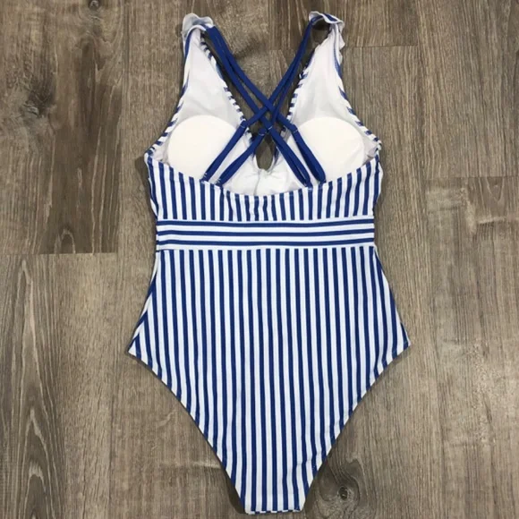 Cupshe Blue White Striped One Piece Swimsuit Ring Strap Medium Beach Vacation - Picture 3 of 5